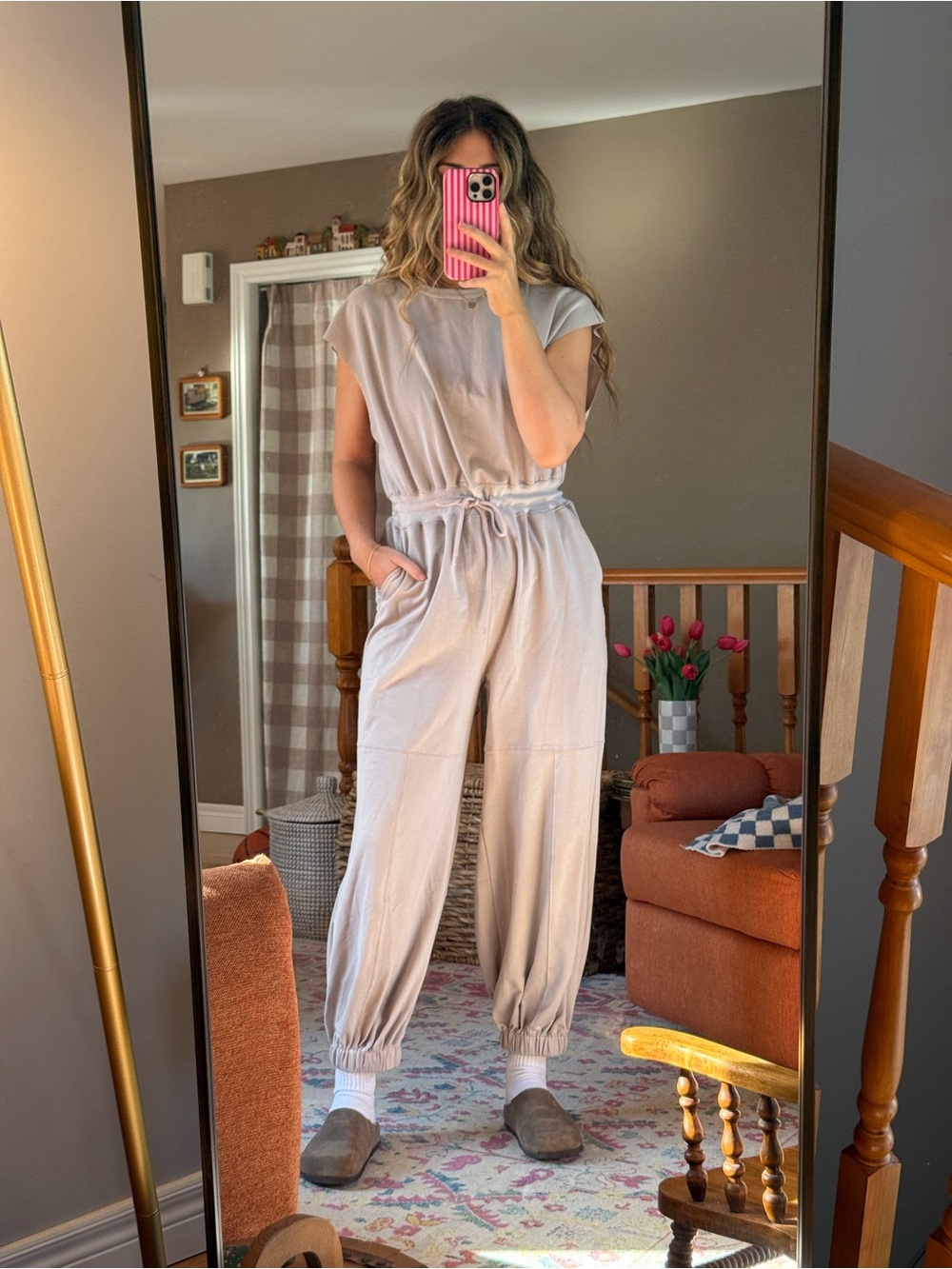 Amazon Taupe Drawstring Jumpsuit with Elastic Ankles